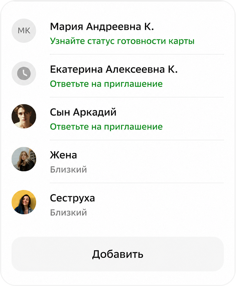 Список близких со статусами приглашений