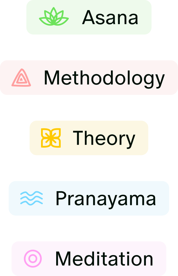 Цветовые категории занятий: Asana, Methodology, Theory, Pranayama, Meditation